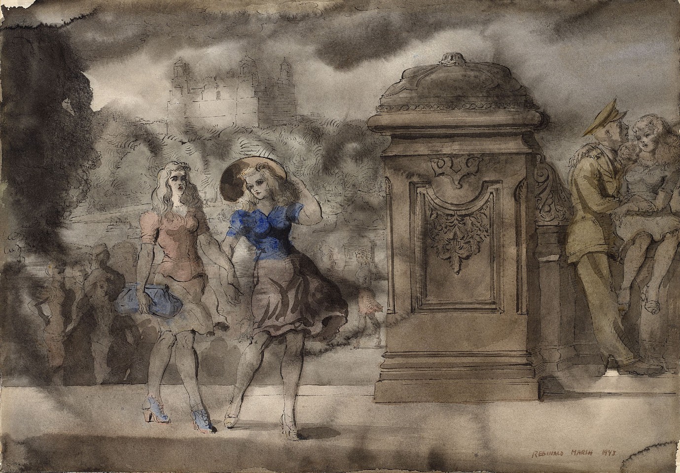 Reginald Marsh, Walking in the Park, 1943
Chinese ink and watercolor on paper, 14 x 19 15/16 in. (35.6 x 50.6 cm)
RM190401