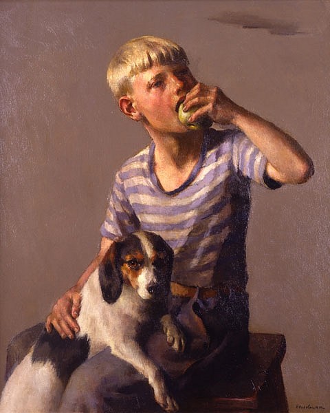 a boy and his dog painting