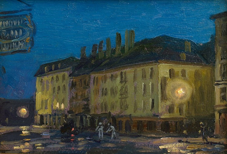 Everett Warner, South Street Nocturne, 1907
oil on artist board, 6 1/2 x 9 1/4 in. (16.5 x 23.5 cm)
EW190401