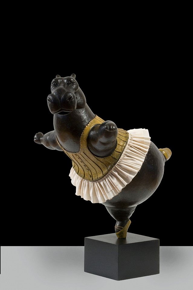 Bjorn Skaarup, Hippo Ballerina, pirouette, Ed. of 9, 2019
bronze with fabric skirt, 23 1/2 x 20 x 16 in.