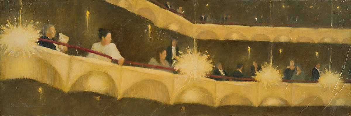 Nina Maguire, Opera Panorama - Intermission - Lincoln Center, 2011/15
acrylic on canvas with sekishu rice paper, 12 x 36 in. (30.5 x 91.4 cm)
NM110901