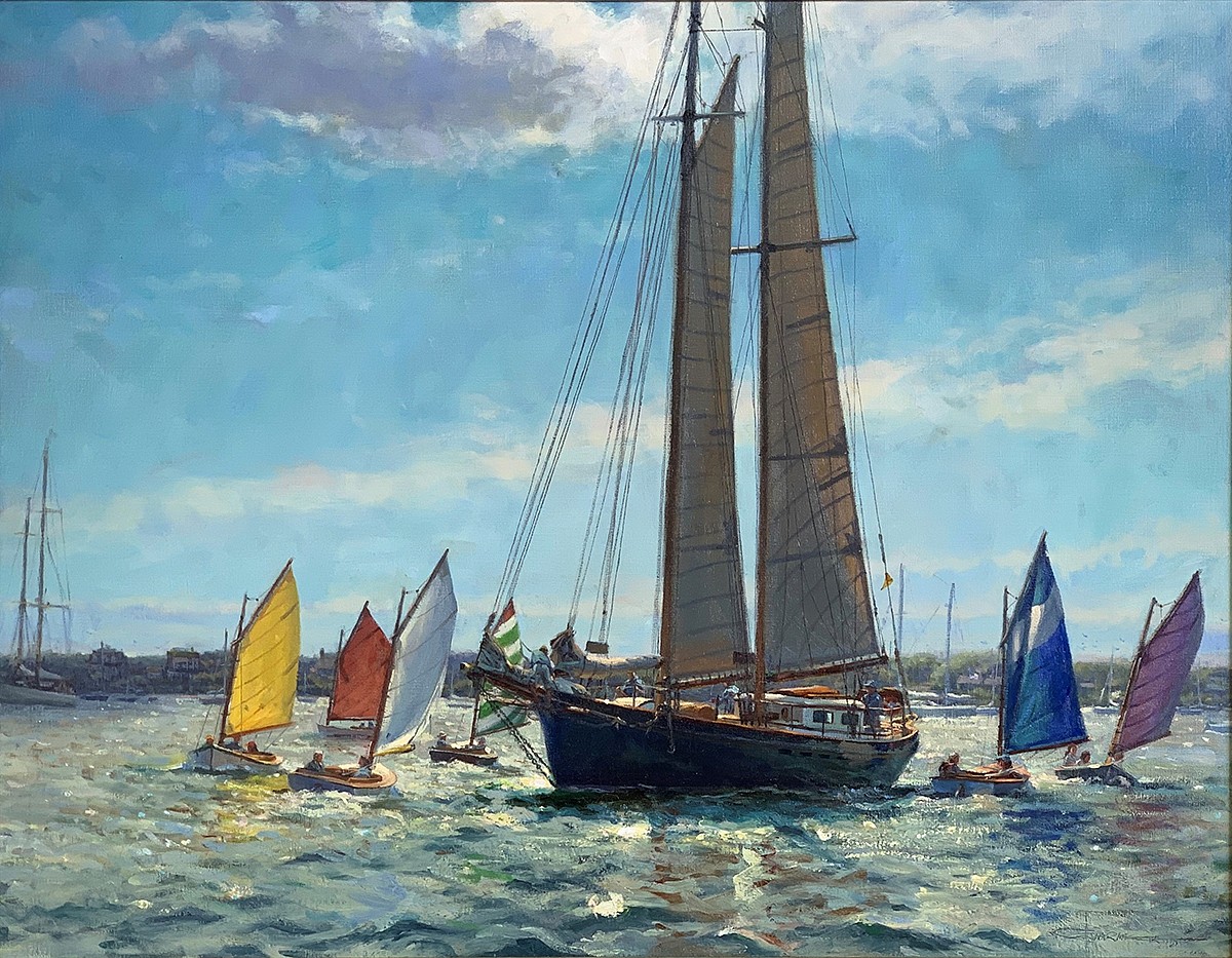 Louis Guarnaccia, Schooner and the Rainbow Fleet, Nantucket, 2019
oil on linen, 28 x 36 in. (71.1 x 91.4 cm)