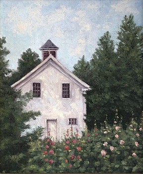 Claire Conant -&nbsp;Claire Conant Barn with Hollyhocks