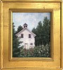 barn with hollyhocks framed