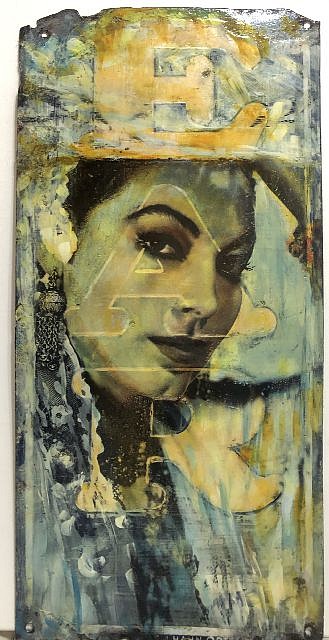 Kadir López, Ava Gardner
mixed media on vintage enamel sign, 25 x 12 in.
KL220227