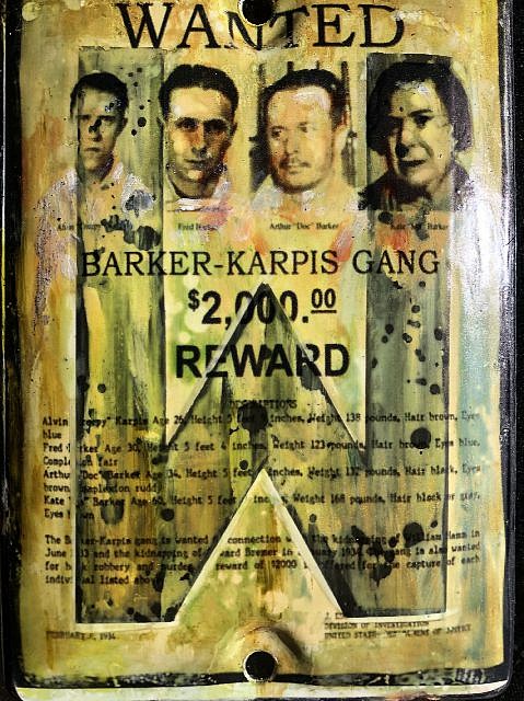 Kadir López, WANTED (Barker Karpis Gang)
mixed media on vintage enamel sign, 8 x 5 1/2 in.
KL220237