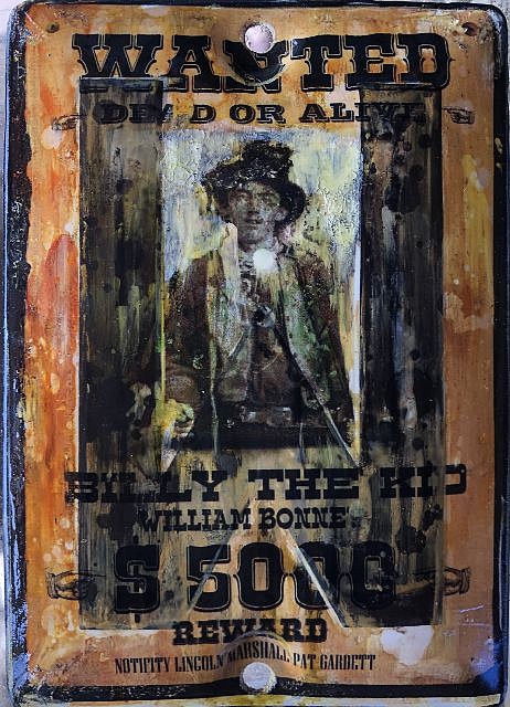 Kadir López, WANTED (Billy the Kid)
mixed media on vintage enamel sign, 8 x 5 1/2 in.
KL220238