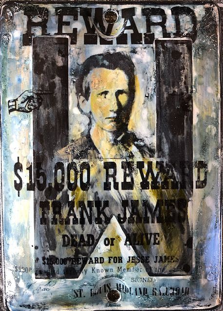 Kadir López, WANTED (Frank James)
mixed media on vintage enamel sign, 8 x 5 1/2 in.
KL220243