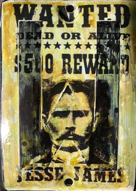 Kadir López, WANTED (Jesse James)
mixed media on vintage enamel sign, 8 x 5 1/2 in.
KL220245