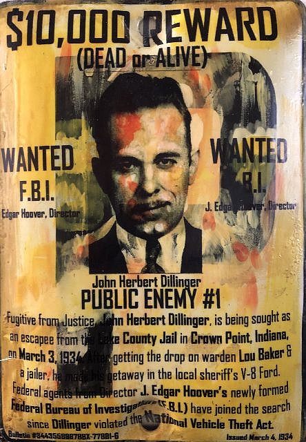 Kadir López, WANTED (John Dillinger)
mixed media on vintage enamel sign, 8 x 5 1/2 in.
KL220216