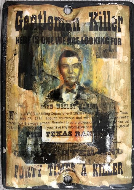 Kadir López, WANTED (John Wesley Hardin)
mixed media on vintage enamel sign, 8 x 5 1/2 in.
KL220246