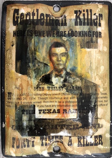 Kadir López, WANTED (John Wesley Hardin)
mixed media on vintage enamel sign, 8 x 5 1/2 in.
KL220246