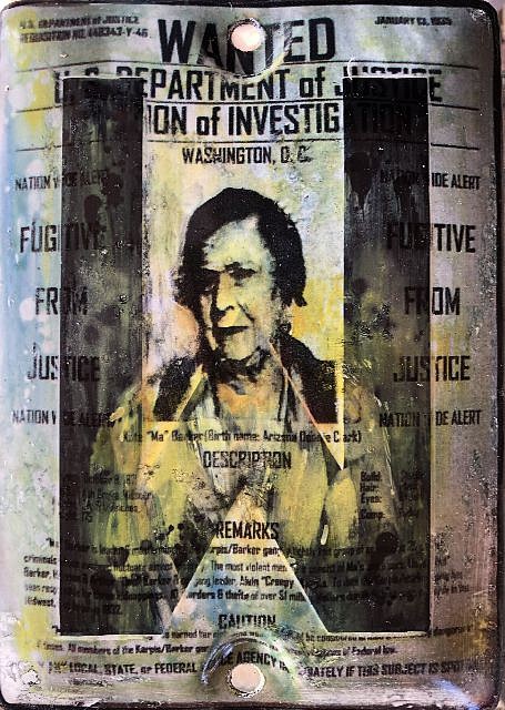 Kadir López, WANTED (Ma Barker)
mixed media on vintage enamel sign, 8 x 5 1/2 in.
KL220248