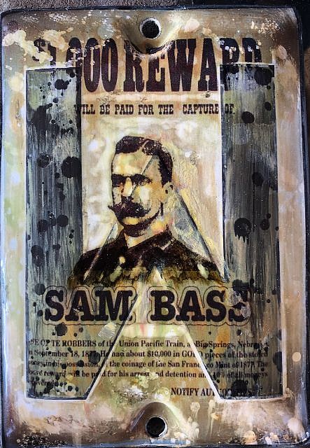 Kadir López, WANTED (Sam Bass)
mixed media on vintage enamel sign, 8 x 5 1/2 in.
KL220250