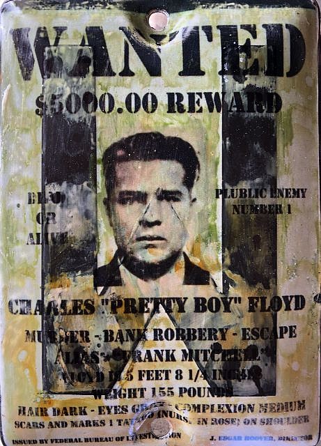 Kadir López, WANTED (Charles ""Pretty Boy"" Floyd)
mixed media on vintage enamel sign, 8 x 5 1/2 in.
KL220214