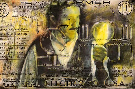 Kadir López, General Electric: Nikola Tesla, 2022
mixed media on vintage enamel sign, 8 x 10 1/2 in.
KL220612