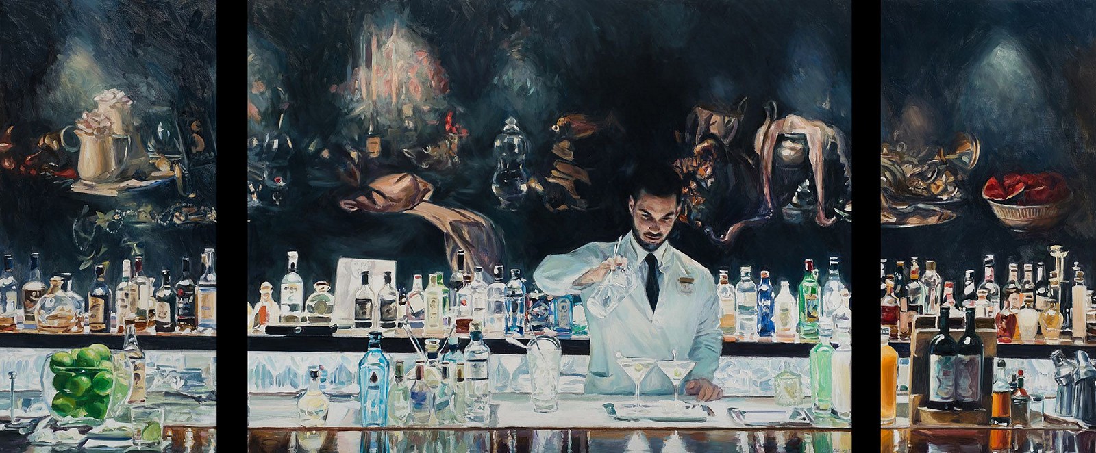 Paul G. Oxborough, Dry Martini Bar (triptych), 2023
oil on linen, 54 x 124 in. (137.2 x 315 cm)
PO231012