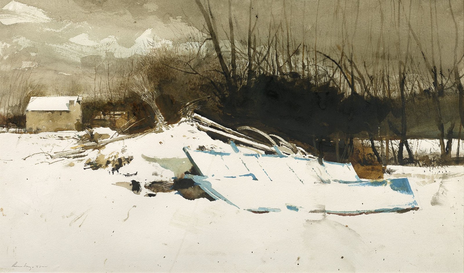Andrew Wyeth, Wagon Blue (Study for 'Flood Plain'), 1986
watercolor and pencil on paper, 18 1/4 x 30 1/4 in. (46.4 x 76.8 cm)
AW241201