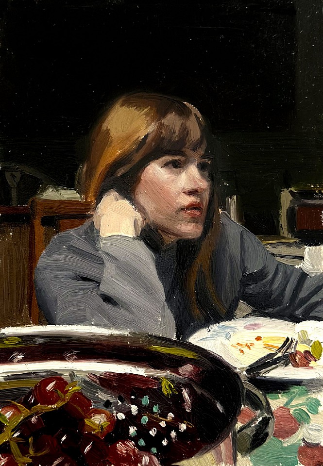 Michael de Brito, At the Table, 2025
oil on canvas, 7 5/16 x 5 1/16 in. (18.6 x 12.9 cm)
MDB250201