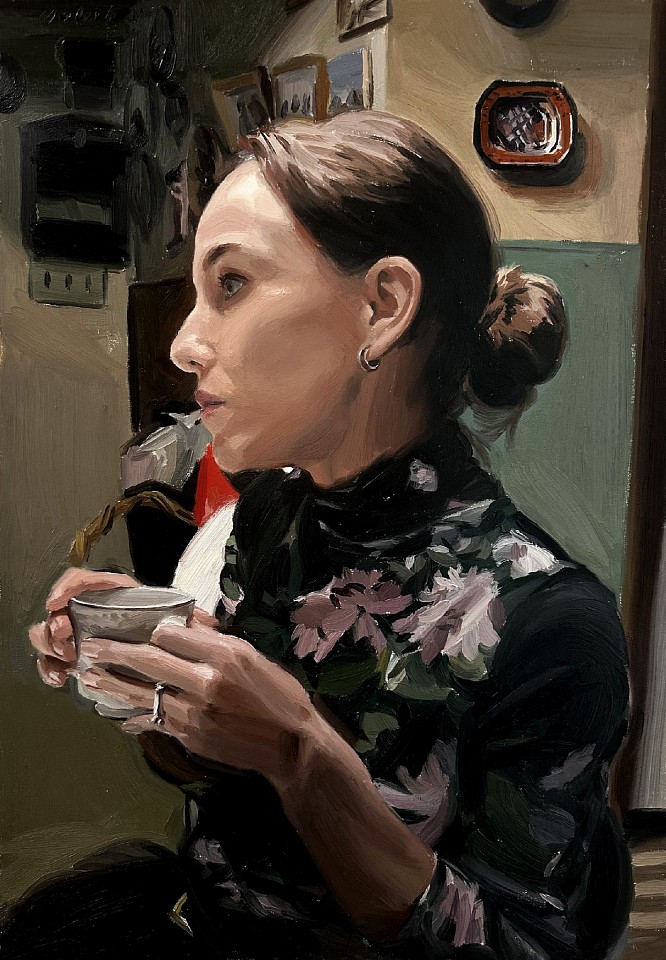 Michael de Brito, Woman with Tea, 2024
oil on canvas, 24 1/2 x 17 1/2 in. (62.2 x 44.5 cm)
MDB250202