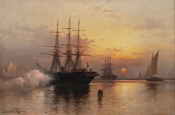 Work: Edward Moran Furling the Flag, New York Harbor at Sunset