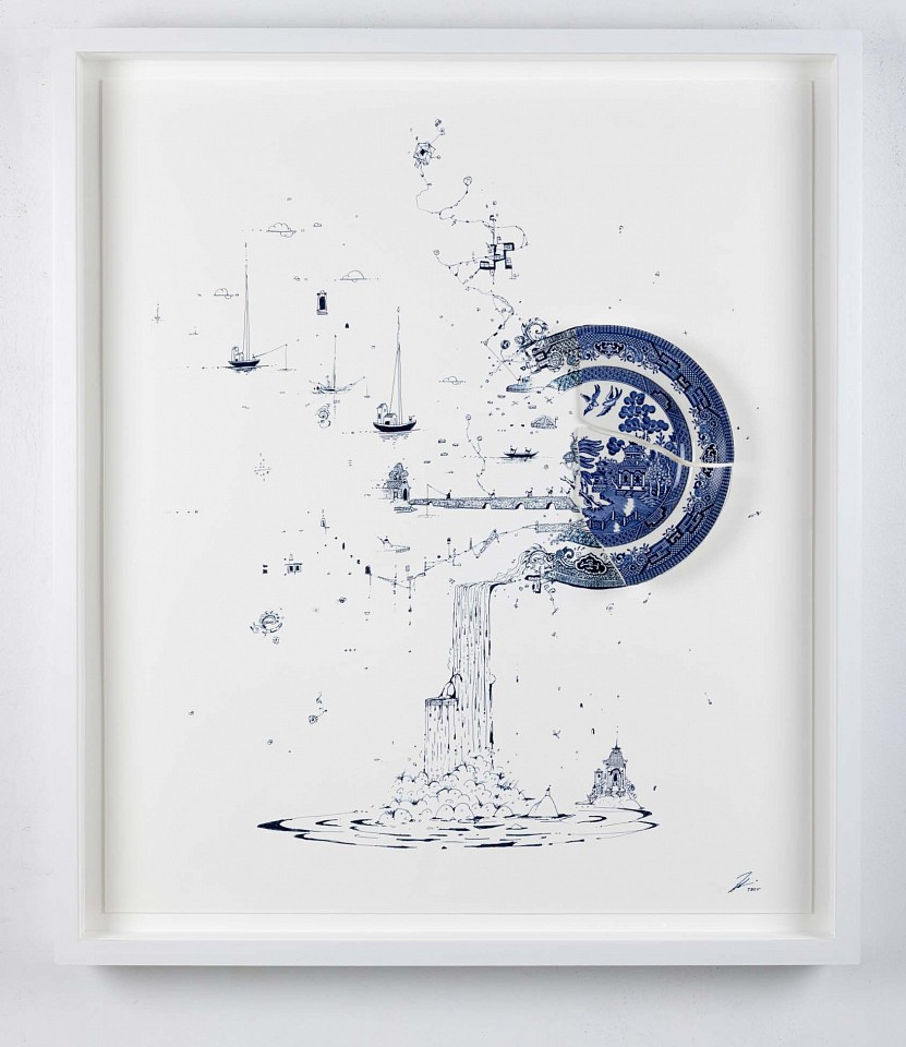 Rob Strati, Fragmented in Blue with Ships and Temples, 2025
Broken plate, ink on paper, 29 x 25 x 2 1/2 in. (73.7 x 63.5 x 6.3 cm)
RST250601