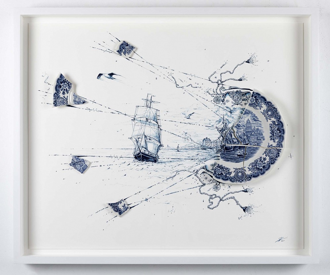 Rob Strati, Sailing Ship with Gulls and Waves, 2025
Broken plate, ink on paper, 26 x 31 x 2 1/2 in. (66 x 78.7 x 6.3 cm)
RST250602