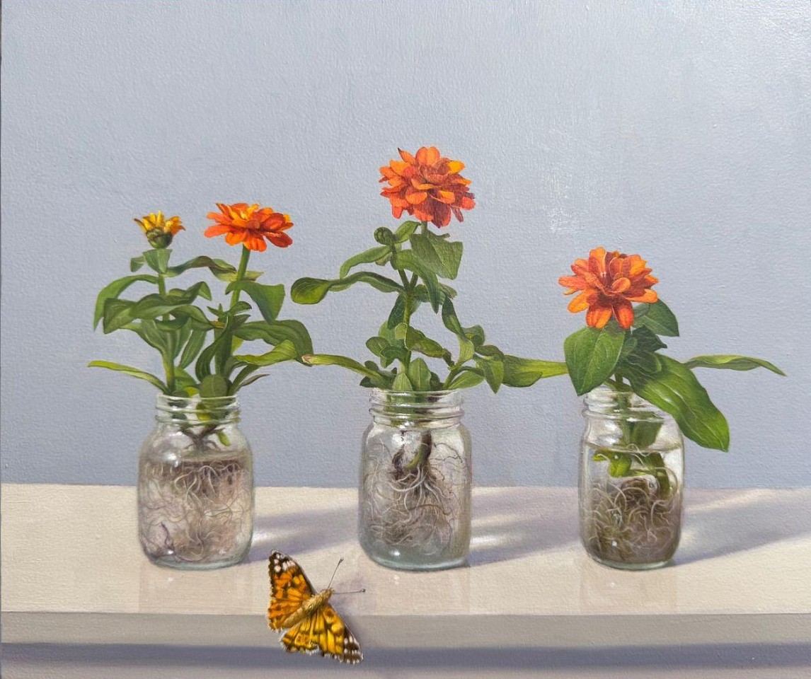 David Henry, Three Zinnias in Glass Jars, 2025
oil on birch panel, 10 x 12 in. (25.4 x 30.5 cm)
DH250902