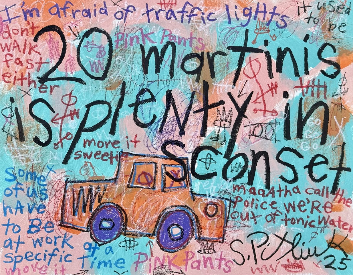 Stephen Pitliuk, 20 Martinis is Plenty in Sconset, 2025
mixed media on panel, 11 x 14 in. (27.9 x 35.6 cm)
SP250702