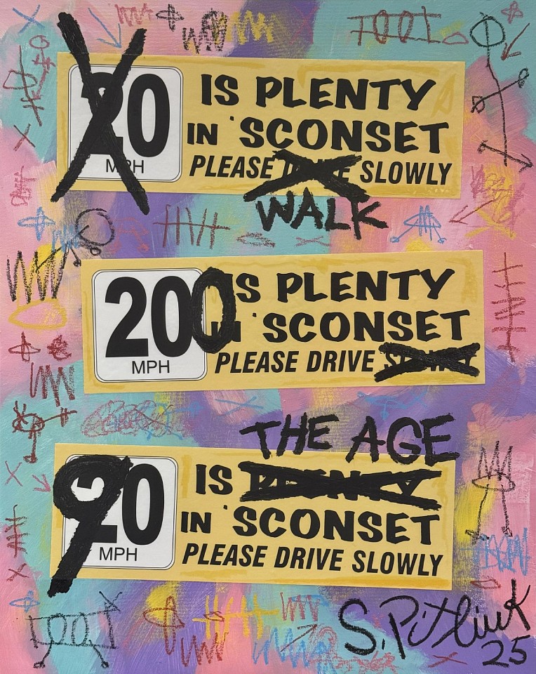 Stephen Pitliuk, 20 is Plenty in Sconset, 2025
acrylic, oil, and bumper stickers on panel, 20 x 16 in. (50.8 x 40.6 cm)
SP250705