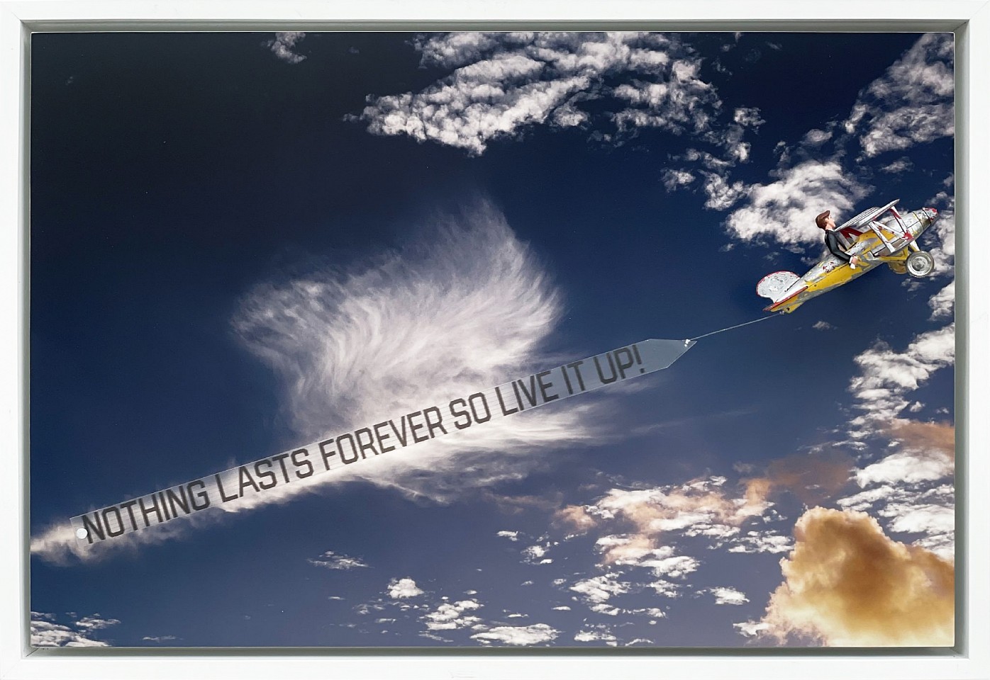 Debranne Cingari, Nothing Lasts Forever: A Gentleman's Flight, 2025
Dye sublimated aluminum print with assemblage toy plane and banner, 17 5/8 x 25 3/8 x 6 3/4 in. (44.8 x 64.5 x 17.1 cm)
DC251101