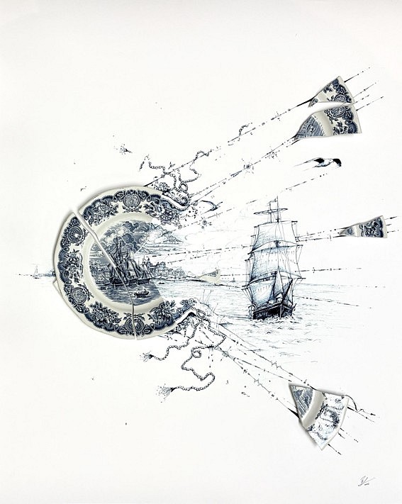 Rob Strati, Tall Ships Setting Sail and Seagulls in Flight, 2026
Broken plate, ink on paper, 37 x 30 1/2 x 2 1/2 in. (94 x 77.5 x 6.3 cm)
RS260602